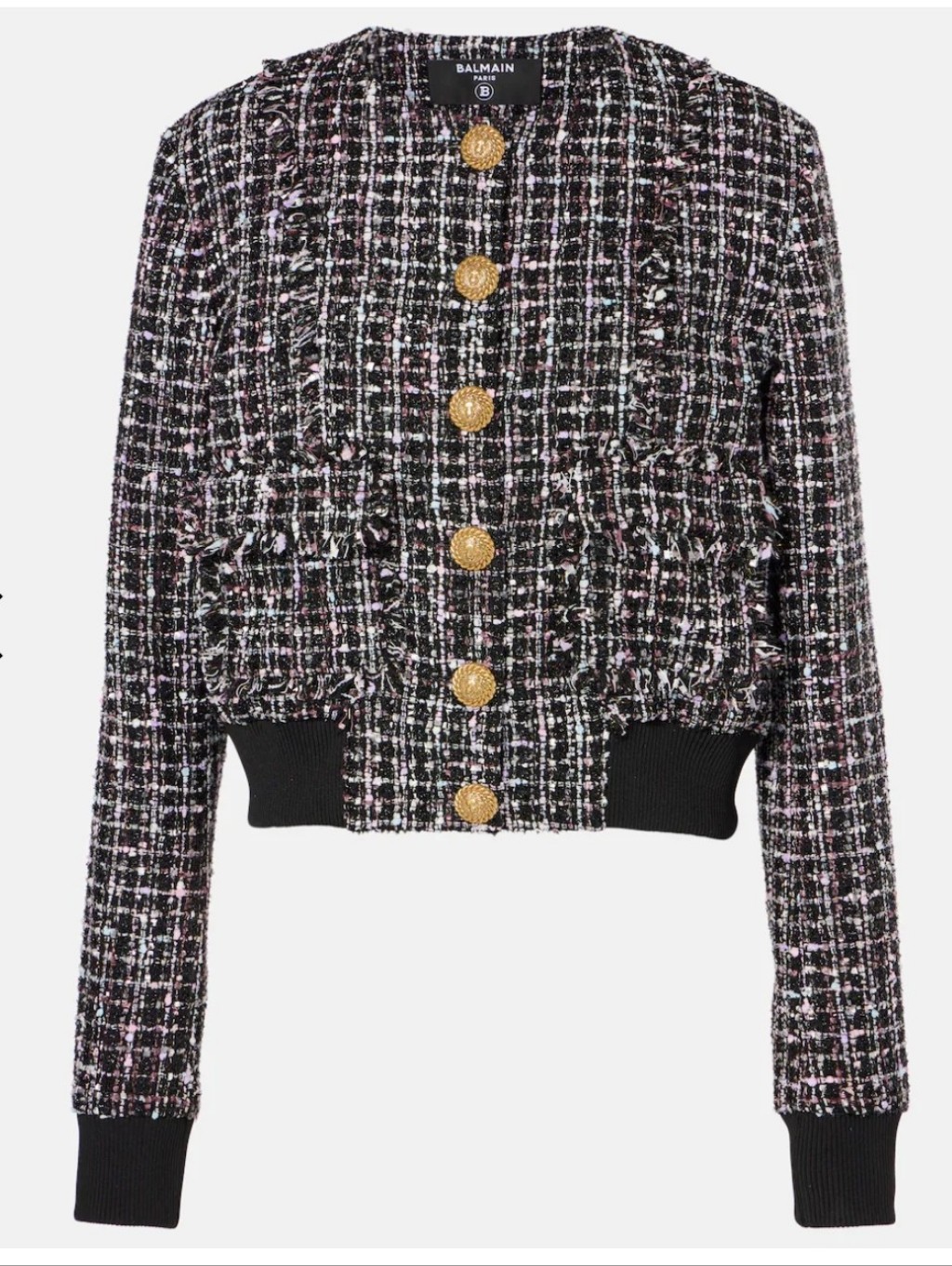 Balmain Paris Black And Pink Tweed Bomber Jacket With Gold Buttons